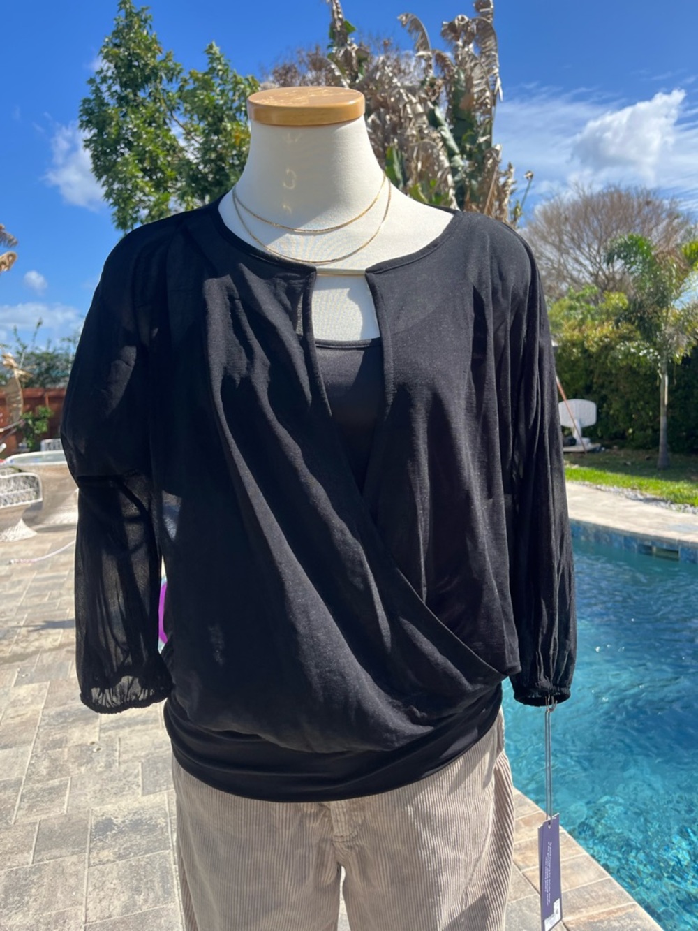 Black Wrap-Front Sheer Sleeve Blouse XS NWT